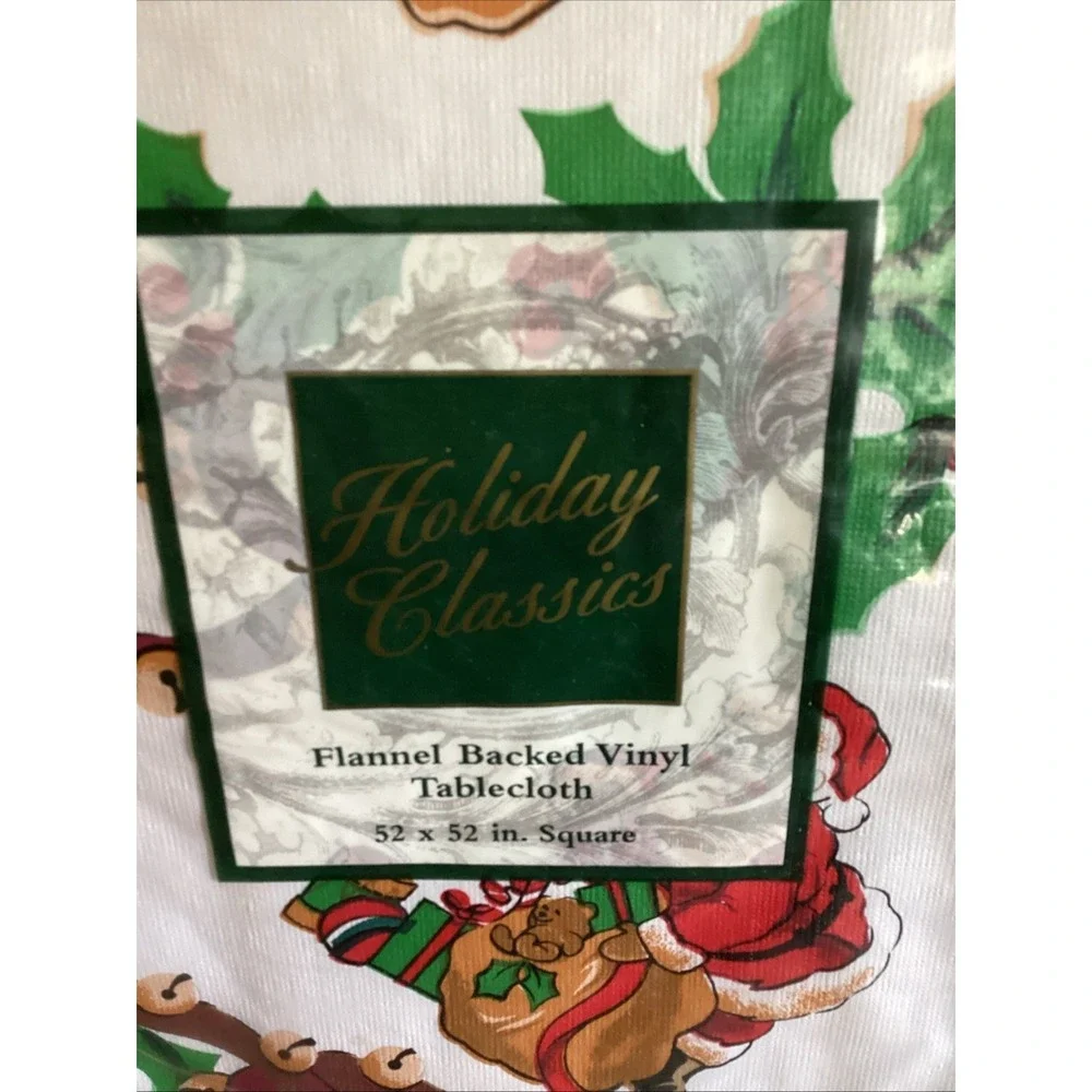 Holiday Classics Santa Christmas Flannel Back Vinyl Tablecloth 52 x 52 Vintage